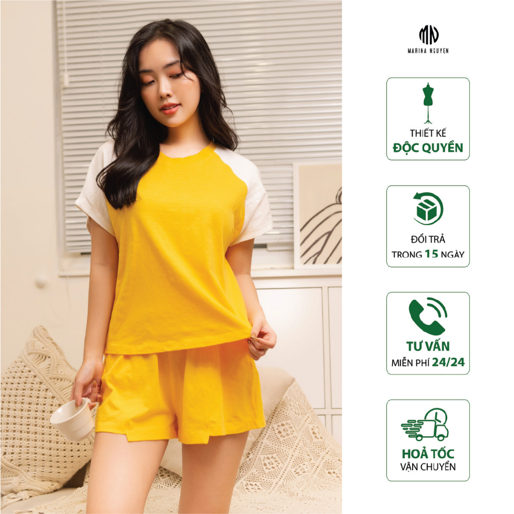 Đồ Bộ Nữ MARINA NGUYỄN, Cổ tròn, Tay Ngắn, Vải Cotton xước, Thoáng Mát 323-019