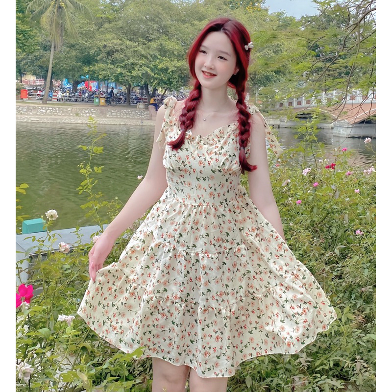 Váy 2 dây hoa nhí chun lưng co dãn chất xốp buộc dây tôn da tiểu thư dịu dàng