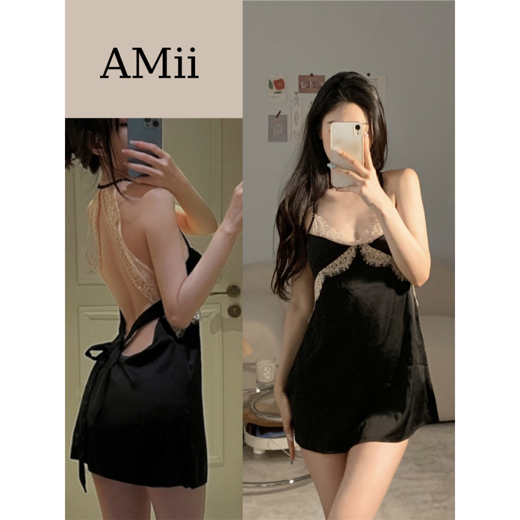 Váy Ngủ Sexy Gợi Cảm AMII BRA Đồ ngủ Nữ Quyến Rũ cao cấp Đầm Lụa mát mẻ hở lưng mặc nhà cám dỗ nóng bỏng V10