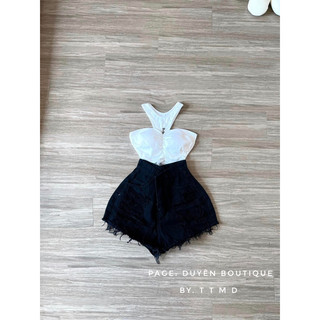 Set áo cổ yếm nhúng eo co mút kèm quần short jean đen rách nhiều