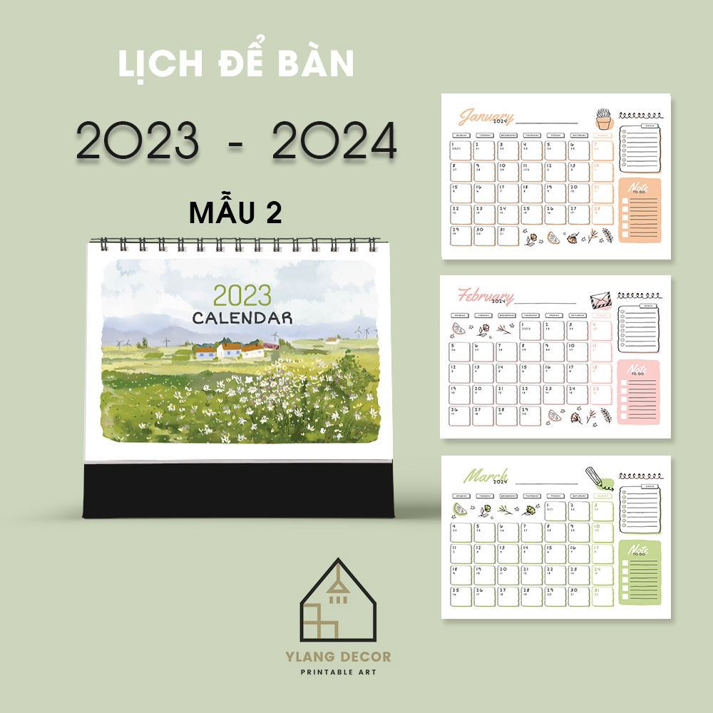 Lịch để bàn 2023( CẬP NHẬT 2024)- có lịch âm, phần note -  Calendar 2023 - Tone màu pastel cute 2