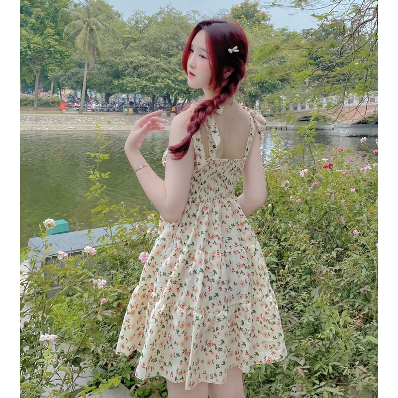 Váy 2 dây hoa nhí chun lưng co dãn chất xốp buộc dây tôn da tiểu thư dịu dàng