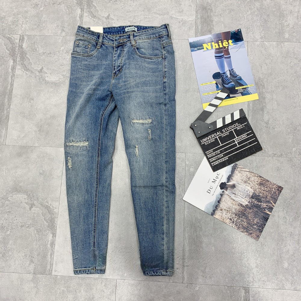 Quần Jean Dài Nam Siêu Cấp Xanh Thêu Rách Đùi Gối BEACON DENIM Form Slim Fit JDSC715
