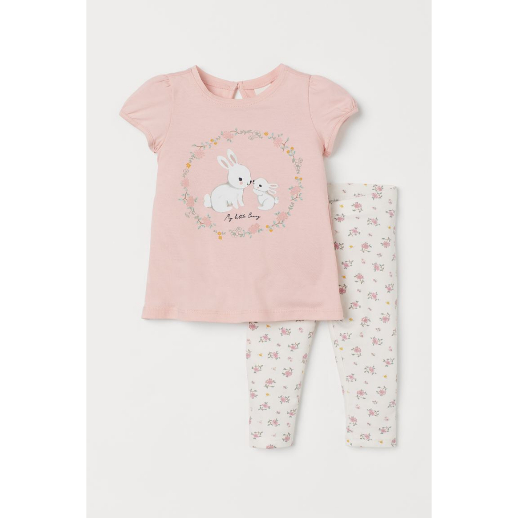 Set bộ quần áo thỏ con cotton bé gái HM Auth