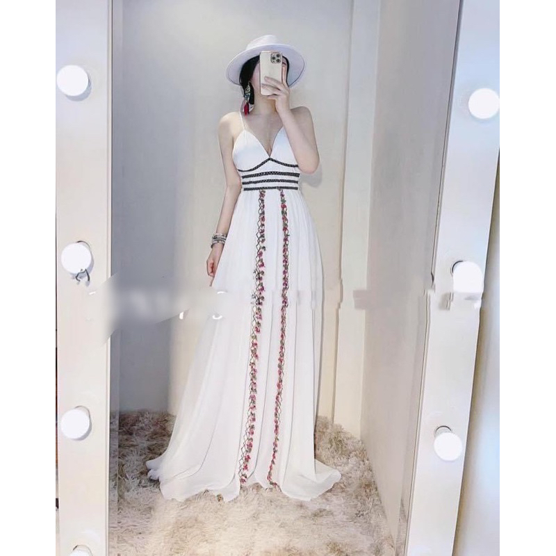 Maxi đẹp. Đầm Maxi viền phối thổ Cẩm có mút Freesize dưới 55kg