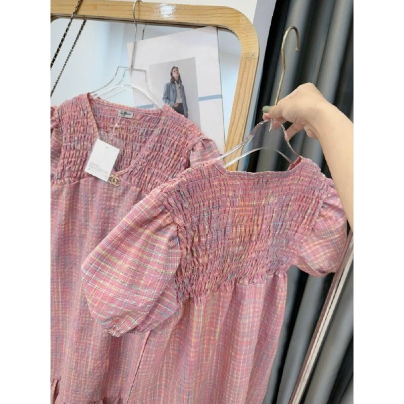 💕ĐẦM BABYDOLL ĐUÔI CÁ VÁY CỔ V NHÚN NGỰC TAY BỒNG XOÈ CARO HỒNG💕GIMI