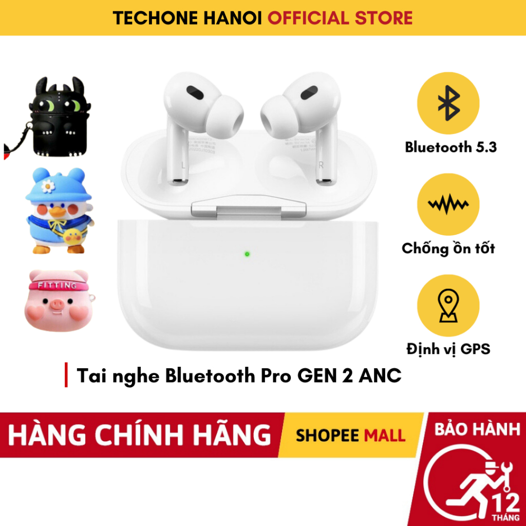 Tai Nghe Bluetooth Không Dây Pro GEN 2 Âm To Mic Rõ Pin Trâu Vuốt Tăng Giảm Âm Lượng Định Vị Đổi Tên-TECHHIGH