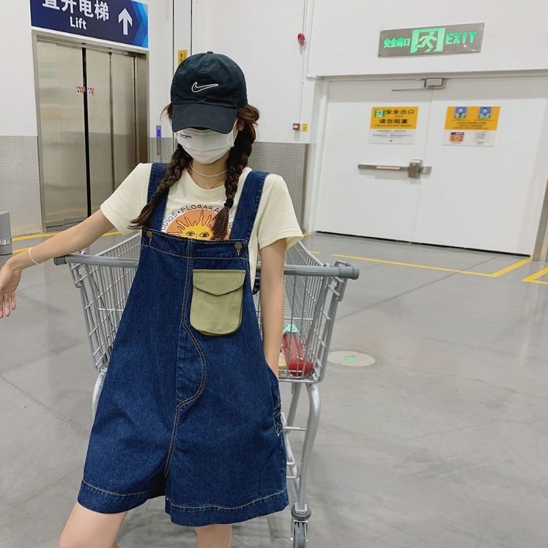 (ORDER) Quần yếm short ống rộng màu jeans xanh đậm túi hộp màu xanh mint xinh xắn