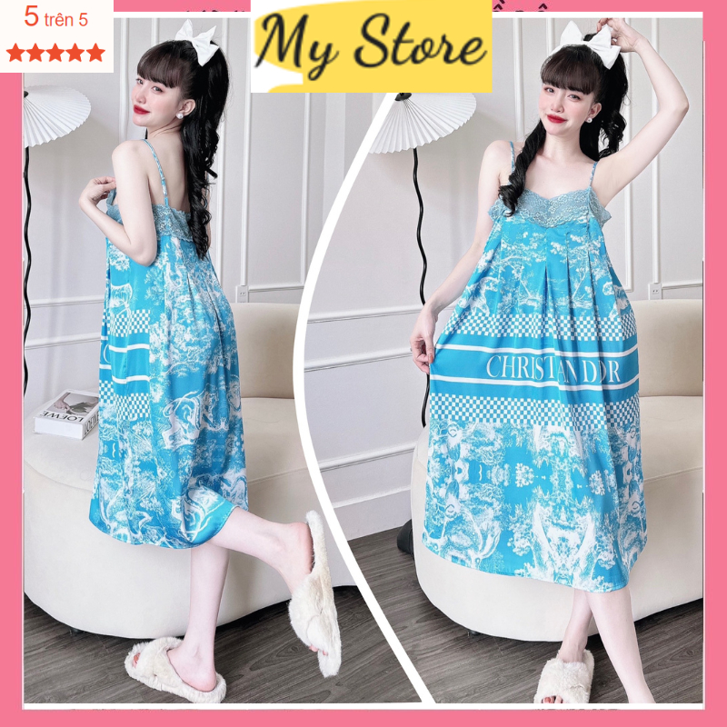Đầm ngủ nữ 2 dây đẹp quyến rũ chất vải lụa latin in 3D loại 1 mịn mát freesize dưới 62kg MY STORE
