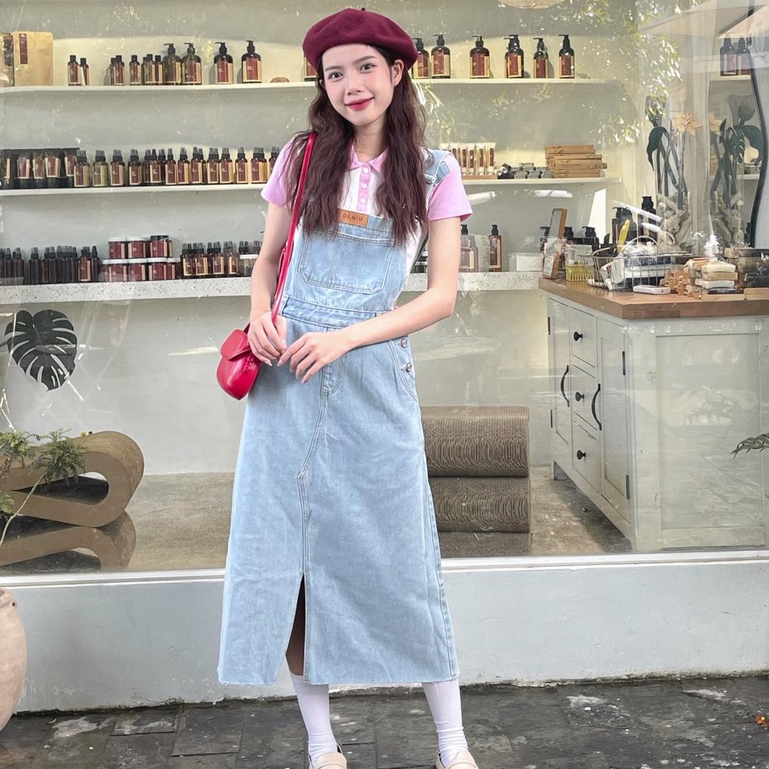 Đầm yếm jeans HEYBEE hai dây bản lớn, phom chữ A dáng dài - Denim Overall HJ1303