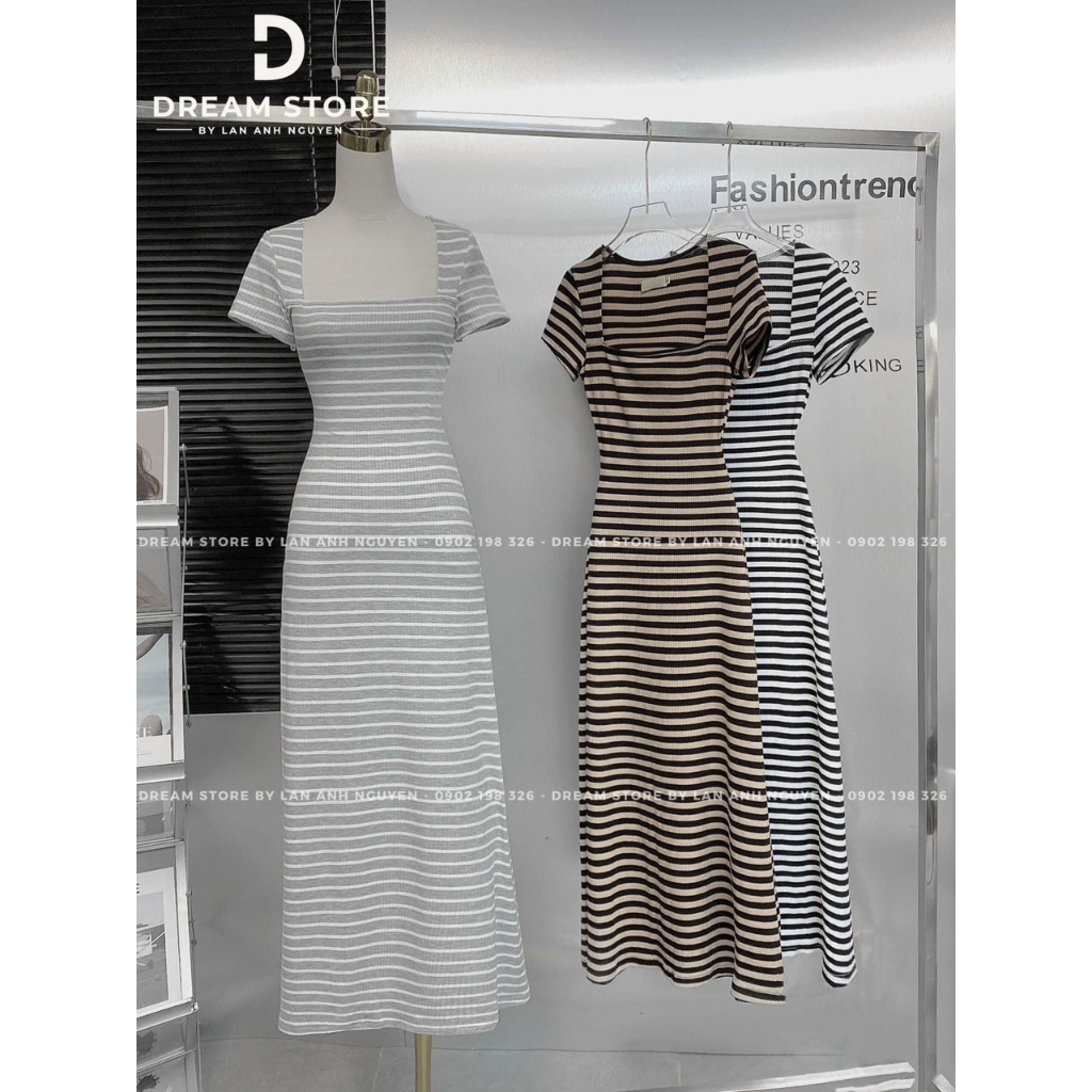 Đầm body kẻ sọc dự tiệc đi chơi cổ vuông chân váy xòe, Váy đầm body thun nữ tôn dáng, sexy cho các nàng GB384734