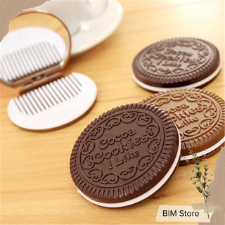 Gương tròn bánh quy Oreo nắp gập kèm lược nhựa dễ thương