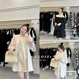 Đầm dáng suông rộng ngực trễ vai tay ngắn phối bèo
