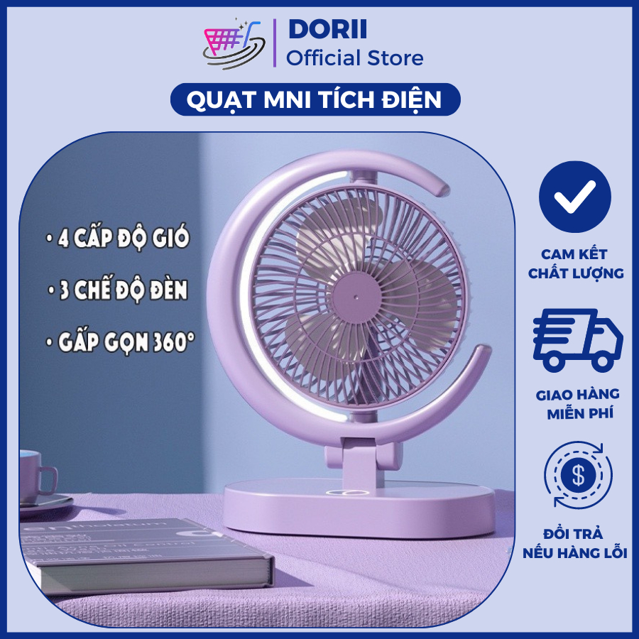 Quạt Tích Điện Mini Gấp Gọn Để Bàn, Quạt Sạc USB 4 Cấp Độ Gió, 3 Cấp Độ Đèn, Xoay Trái Phải 90°
