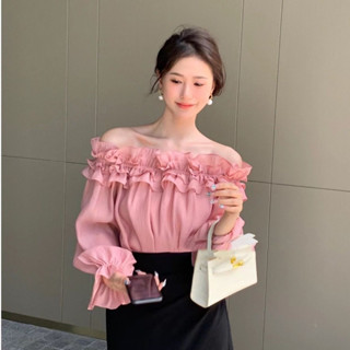 (ORDER TAOBAO)  Áo kiểu trễ vai nhún bèo màu hồng tay dài phong cách Hàn Quốc thời trang cho nữ