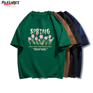 PO FLORET Áo thun unisex rộng TULIP in Oversize áo phông nữ 100%Cotton