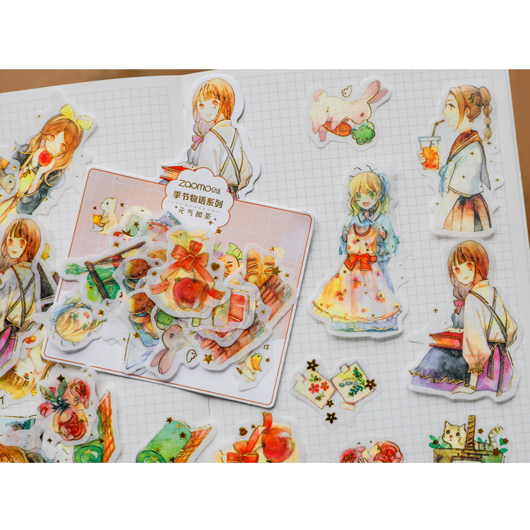 Túi 50 tấm hình dán sticker cô gái vintage washi ánh kim