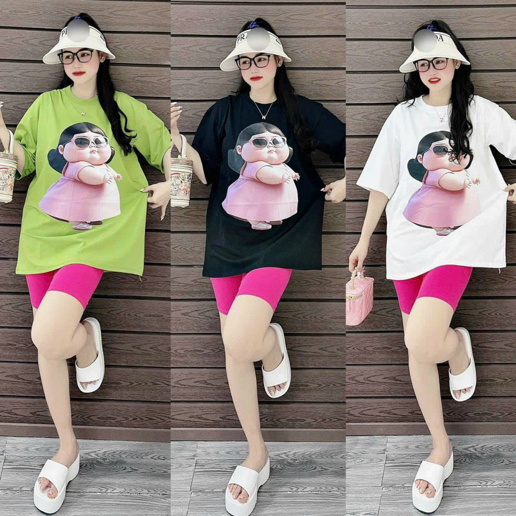 [6.6 Sales Freeship] Set bộ thun ngố mặc mùa hè mát mẻ, set áo thun from rộng in hình cô gái mix quần lửng ngố mtb
