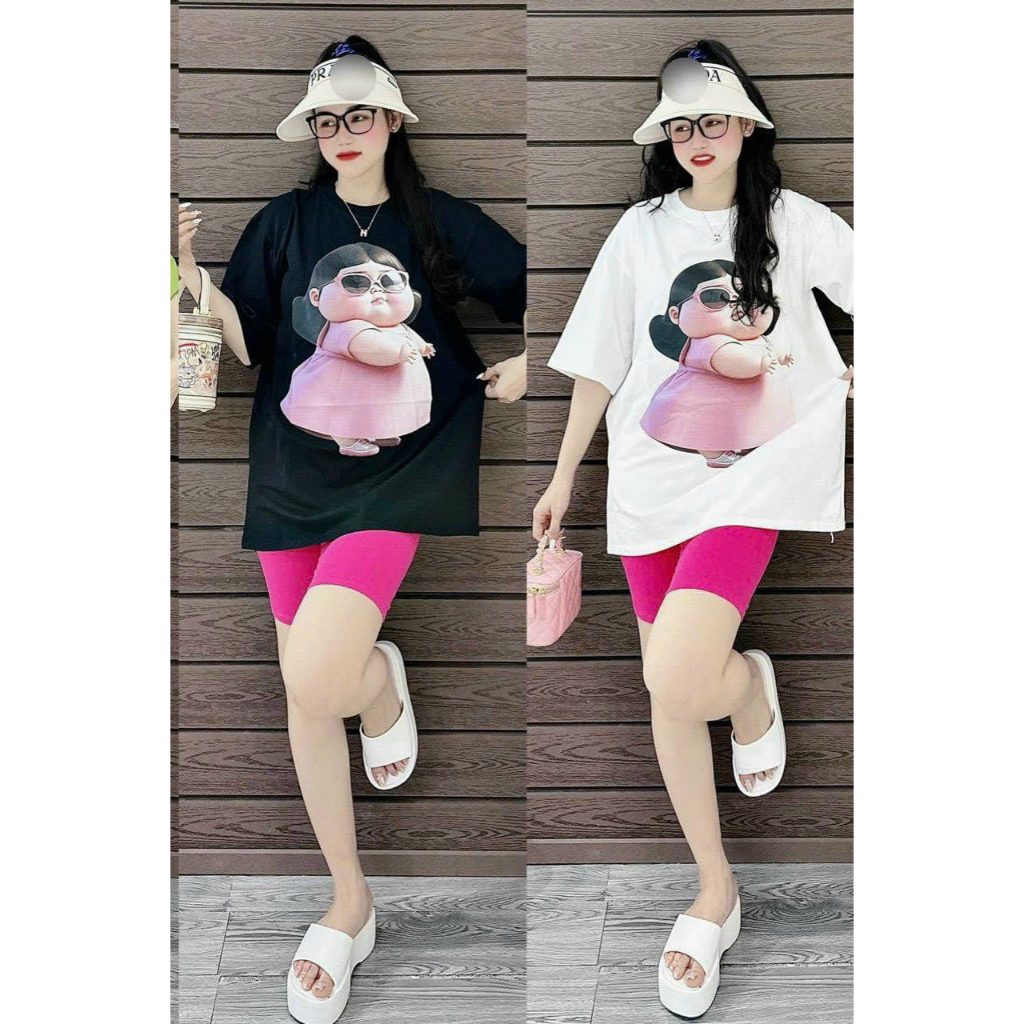 [6.6 Sales Freeship] Set bộ thun ngố mặc mùa hè mát mẻ, set áo thun from rộng in hình cô gái mix quần lửng ngố mtb