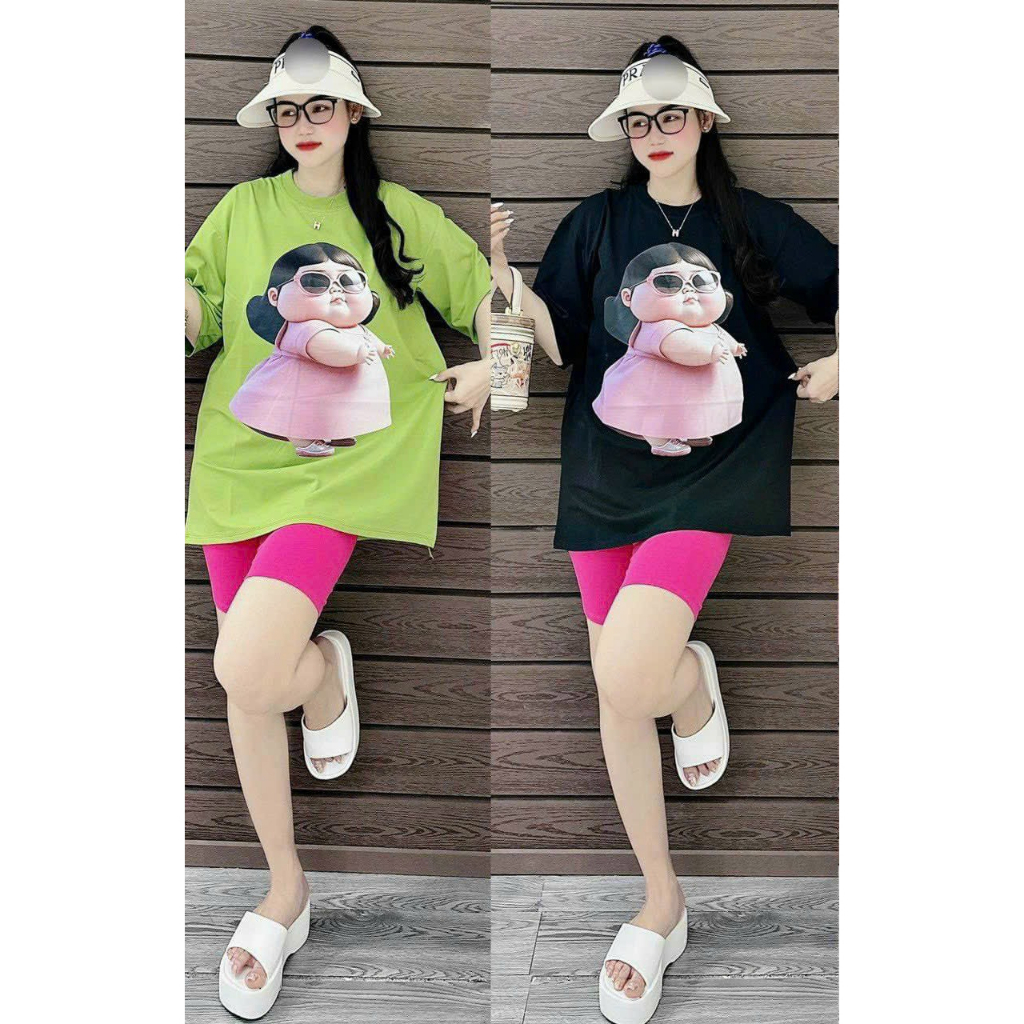 [6.6 Sales Freeship] Set bộ thun ngố mặc mùa hè mát mẻ, set áo thun from rộng in hình cô gái mix quần lửng ngố mtb