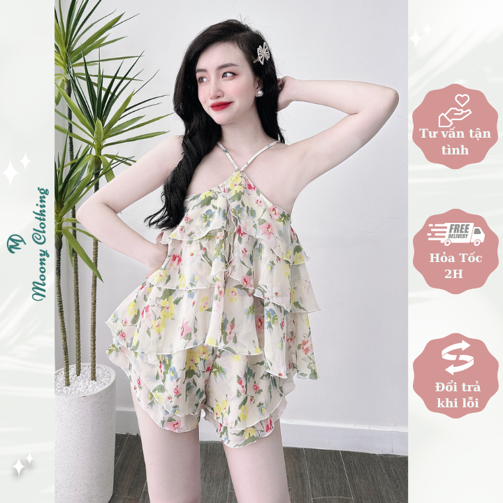 Bộ Đồ Ngủ Nữ Cổ Yếm Bèo Tầng Cao Cấp. Set Đùi Mặc Nhà Vải Voan Mềm Nhẹ, Thoáng Mát. Freesize Dưới 60Kg Hàng 2 Lớp