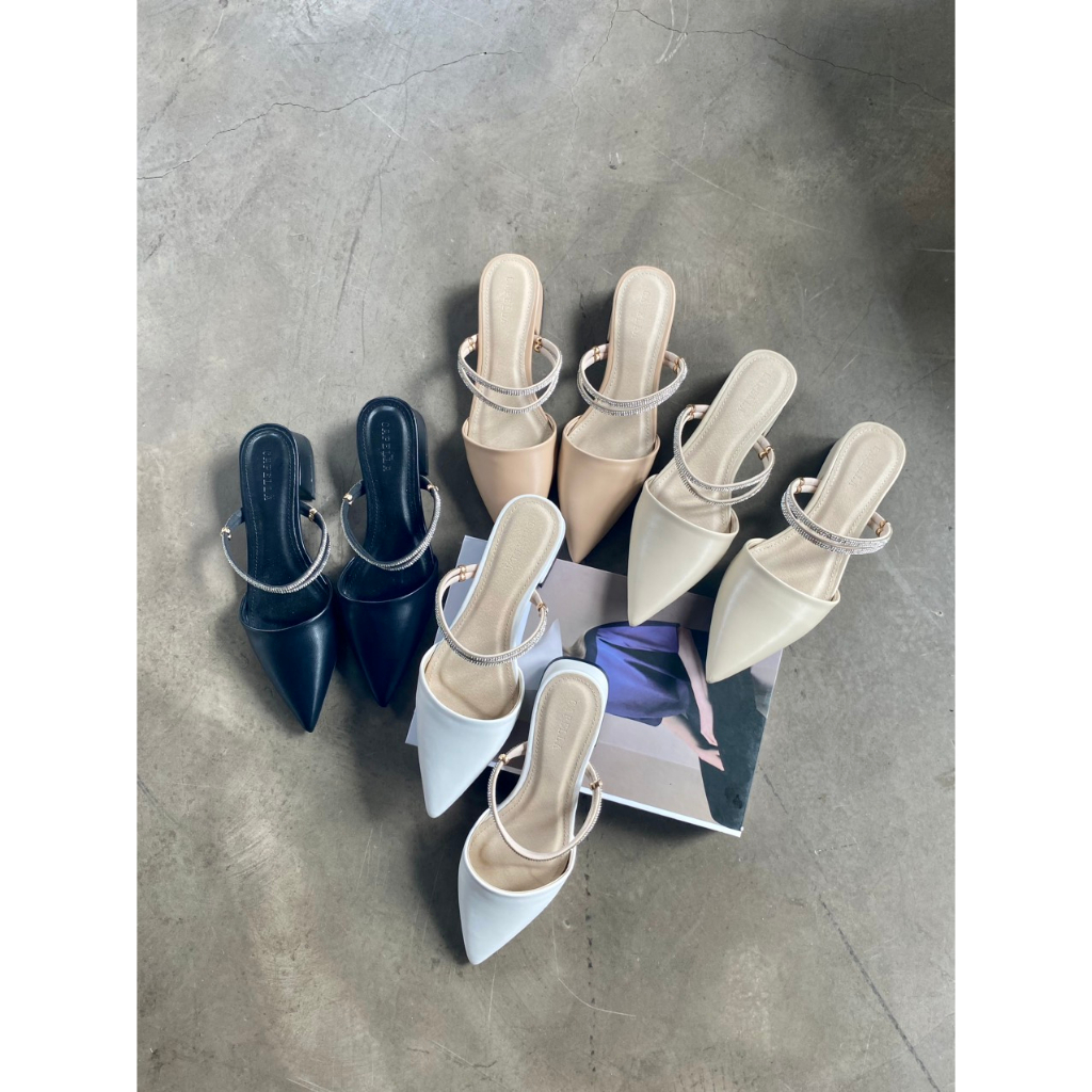 Dép Sục CAPELLA Da Mềm Mũi Nhọn Quai Ngang Đá 2in1 Cao 3p