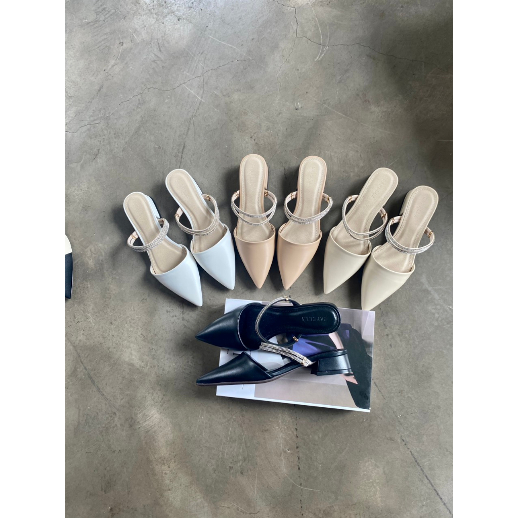 Dép Sục CAPELLA Da Mềm Mũi Nhọn Quai Ngang Đá 2in1 Cao 3p