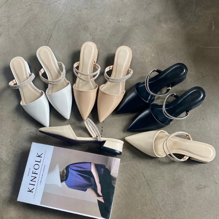 Dép Sục CAPELLA Da Mềm Mũi Nhọn Quai Ngang Đá 2in1 Cao 3p