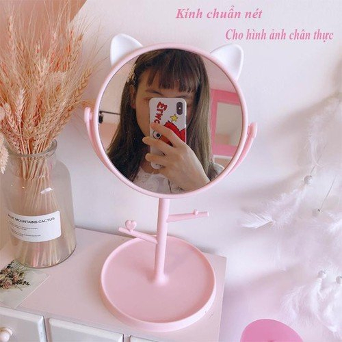 Gương Trang Điểm Để Bàn Xoay 360 Độ Tai Mèo Tai Gấu Cute Kèm Khay Treo Phụ Kiện