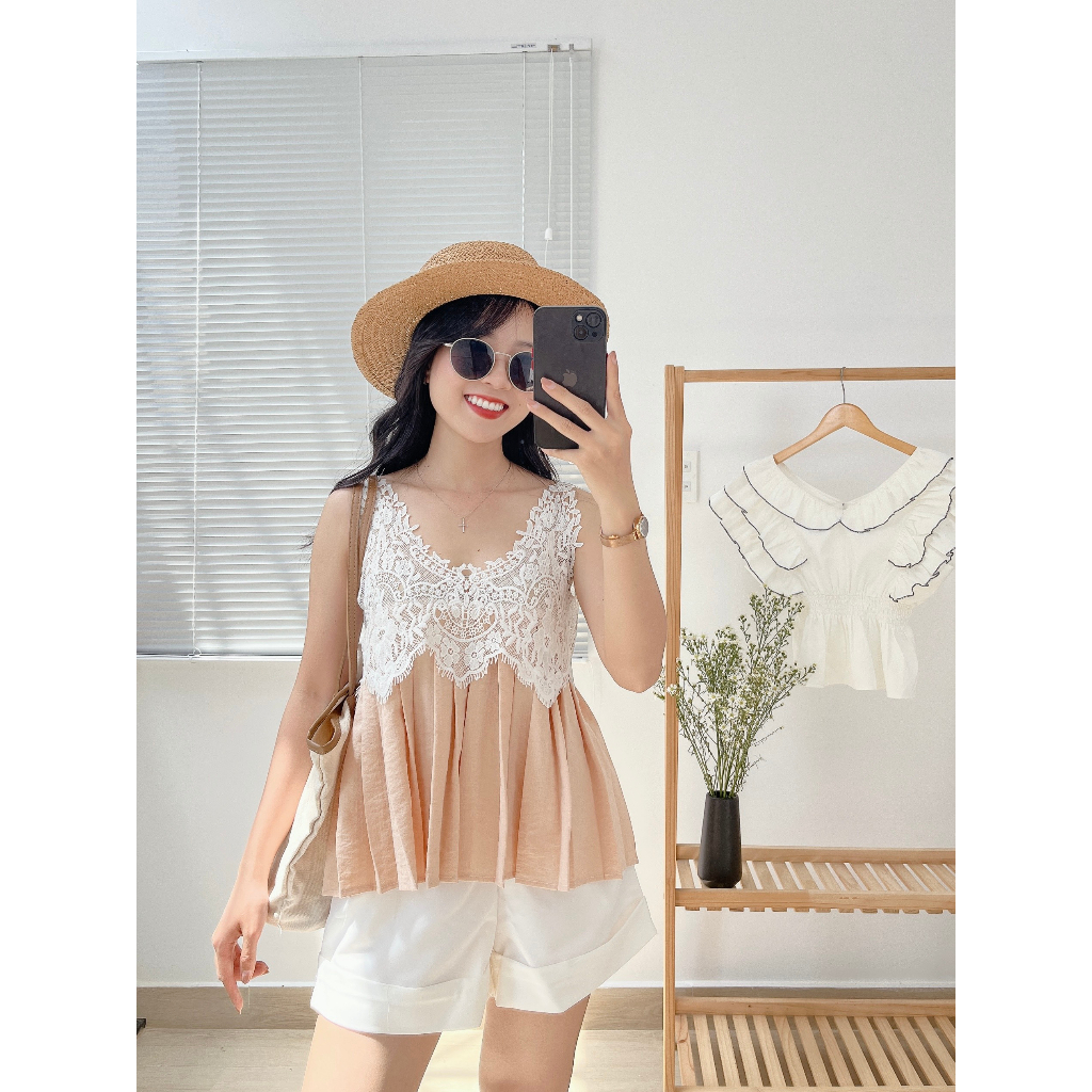 ÁO CROPTOP THẮT NƠ LƯNG PHỐI REN