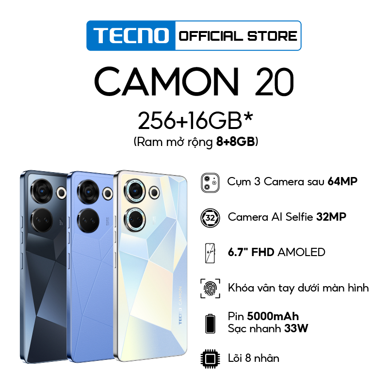 Điện thoại Tecno CAMON 20 8GB/256GB - Camera 64MP+32MP | 5000 mAh | Sạc nhanh 33W | 6.7''