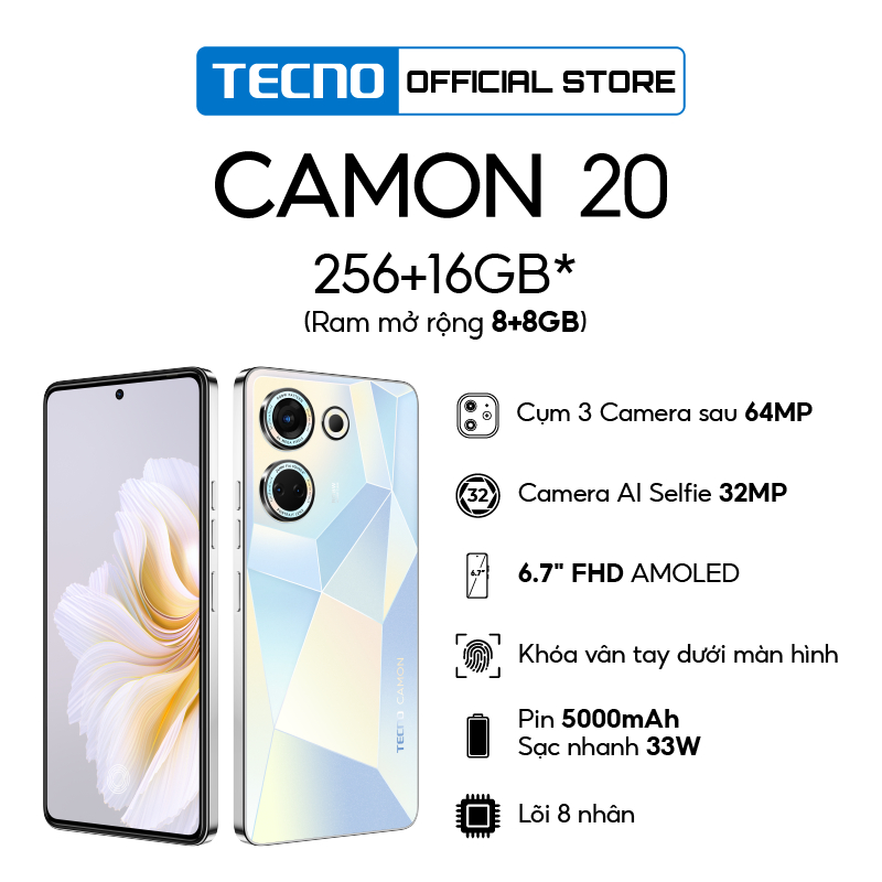 Điện thoại Tecno CAMON 20 8GB/256GB - Camera 64MP+32MP | 5000 mAh | Sạc nhanh 33W