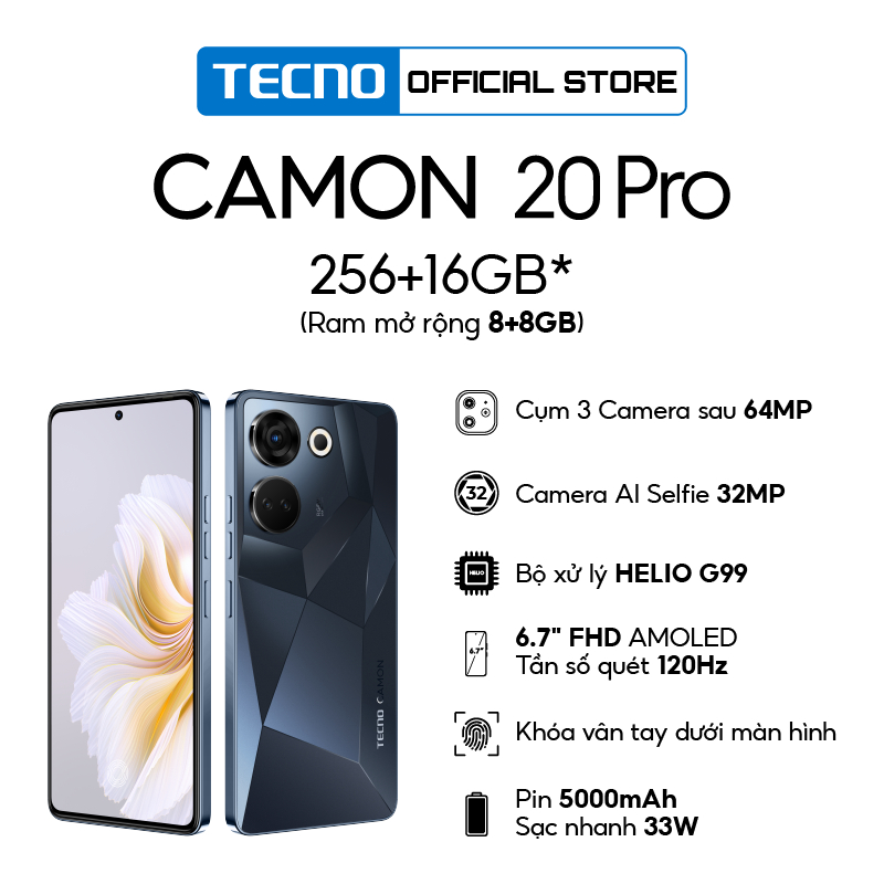 Điện thoại thông minh Tecno CAMON 20 Pro 8GB/256GB - Camera 64MP + 32MP | Helio G99 5000 mAh/ 33W | 6.7'' FHD AMOLED