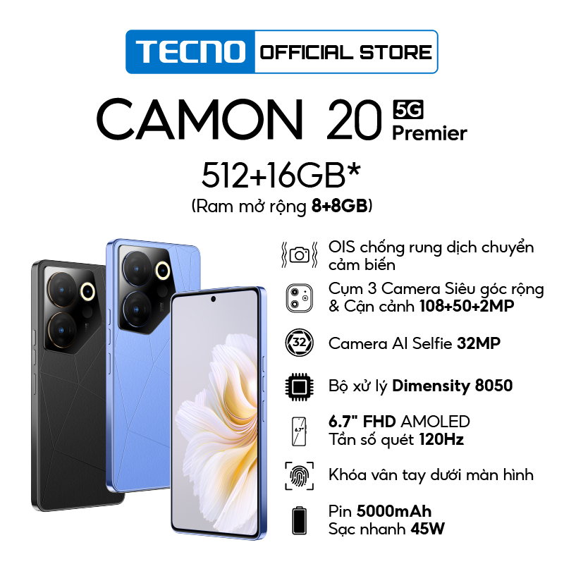 Điện thoại Tecno CAMON 20 Primier 5G - 8GB/512GB|Dimensity 8050|Camera 108+50+2MP