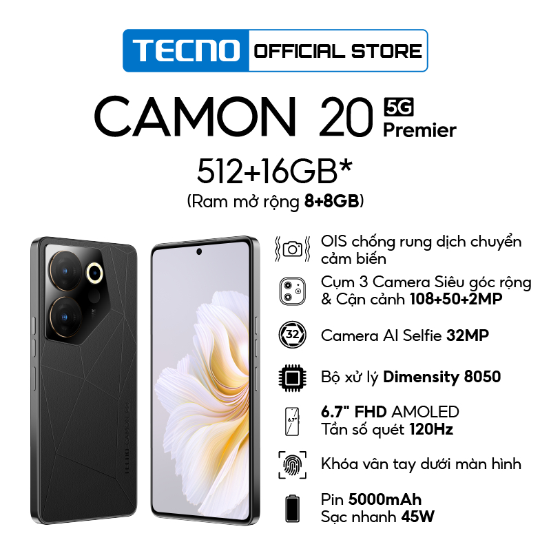 Điện thoại Tecno CAMON 20 Primier 5G - 8GB/512GB|Dimensity 8050|Camera 108+50+2MP