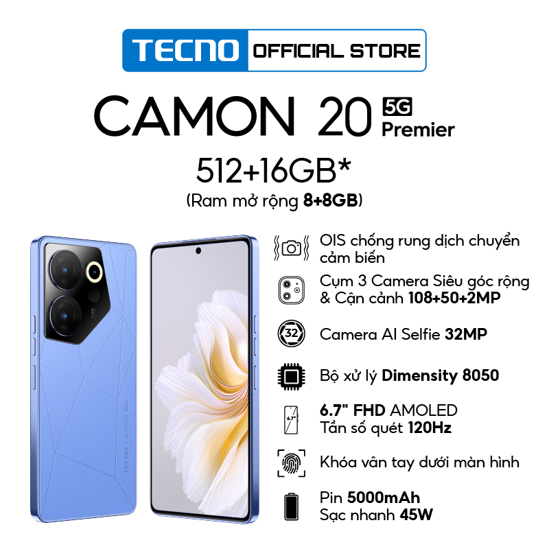 Điện thoại Tecno CAMON 20 Primier 5G - 8GB/512GB|Dimensity 8050|Camera 108+50+2MP