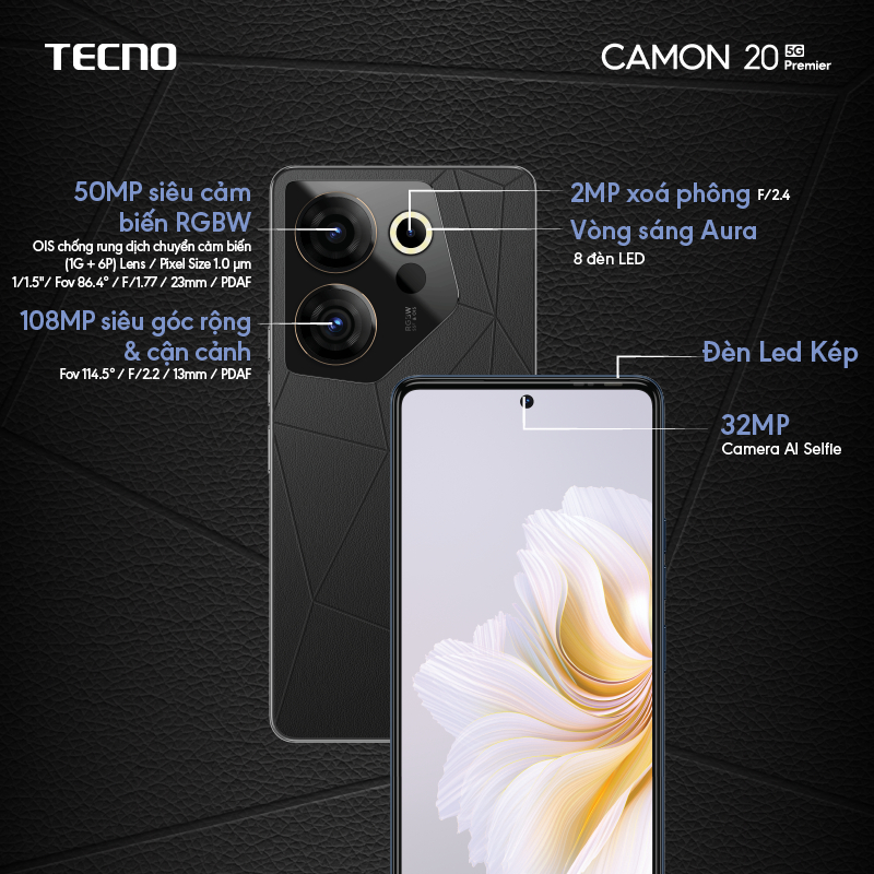 Điện thoại Tecno CAMON 20 Primier 5G - 8GB/512GB|Dimensity 8050|Camera 108+50+2MP