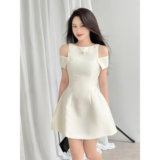  Váy đầm xoè chữ A Tafta đi tiệc phối trễ vai đính nơ  MH021  
