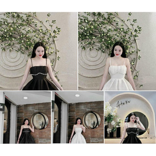 Váy đầm nữ dự tiệc hai dây dáng xòe xếp ly ngực đinh cườm có mút