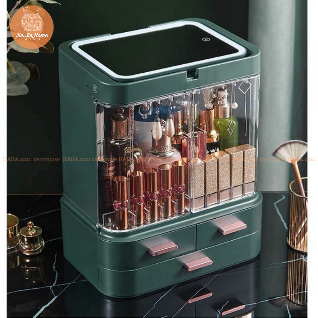Tủ mỹ phẩm tích hợp gương, đèn LED hỗ trợ trang điểm, Skin care - Hộp đựng mỹ phẩm đa năng xanh, hồng