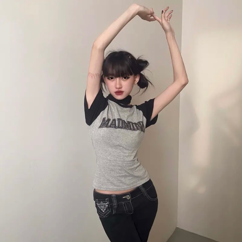 Áo thun nữ 100% Cotton Raglan form ôm Body - Màu xám phối tay đen áo thun cổ tròn ngắn tay cực chất