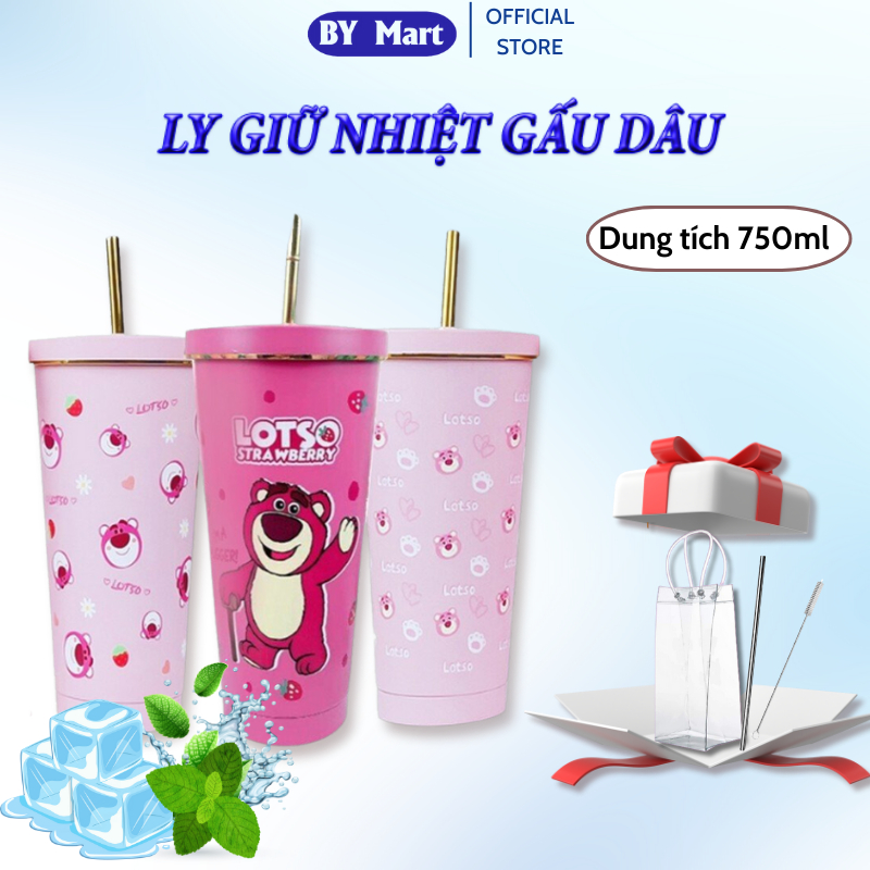 Cốc Giữ Nhiệt Gấu Dâu Lotso Dễ Thương, Ly Giữ Nhiệt Inox 304 Không Gỉ 750ml Tặng Kèm Ống Hút, Cọ Rửa, Túi,giữ nhiệt 8-12