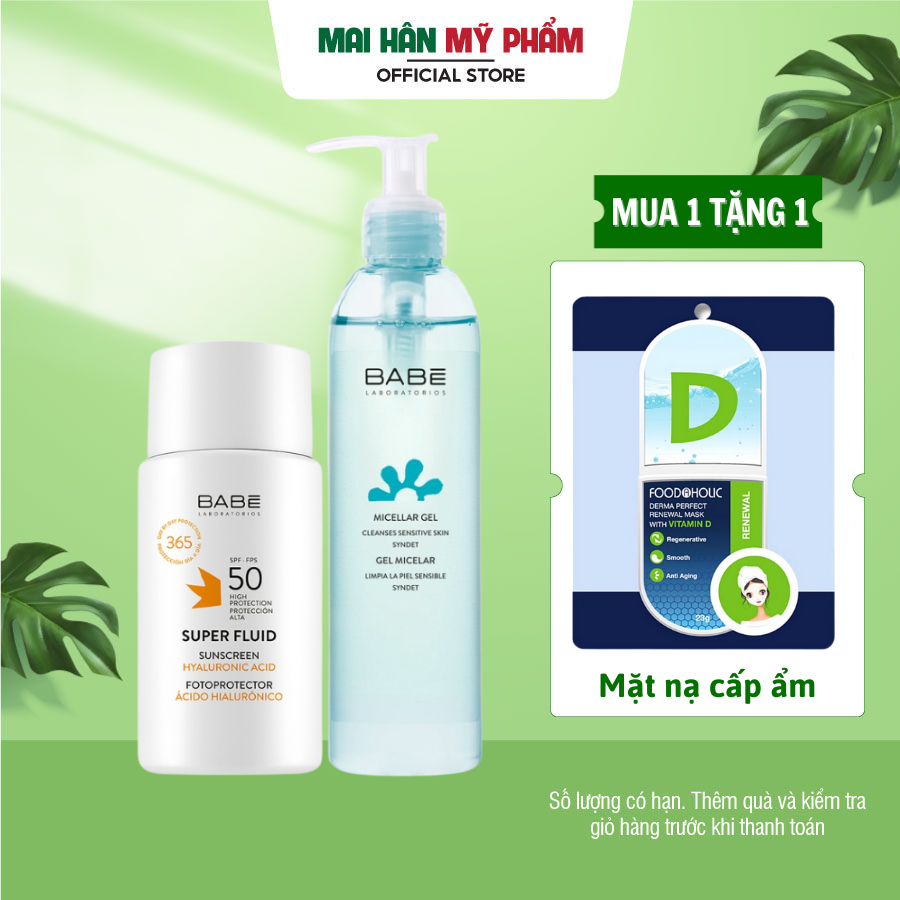 Combo BABÉ 2 sản phẩm sữa rửa mặt Micellar Gel và kem chống nắng Super Fluid 50 cho da nhạy cảm