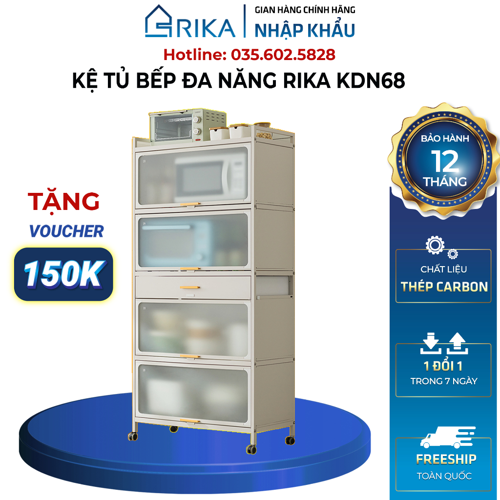 Tủ Bếp RIKA KDN68 Kệ Tủ Đa Năng Chất Thép Carbon Cửa Kính Cường Lực Hàng Nhập Khẩu Chính Hãng.