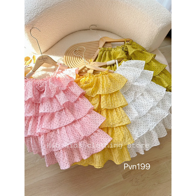 Đầm bé gái, Váy 2 dây hoạ tiết chấm bi chất tơ nhăn lót lụa mềm mát cực xinh cho bé gái 10-25kg