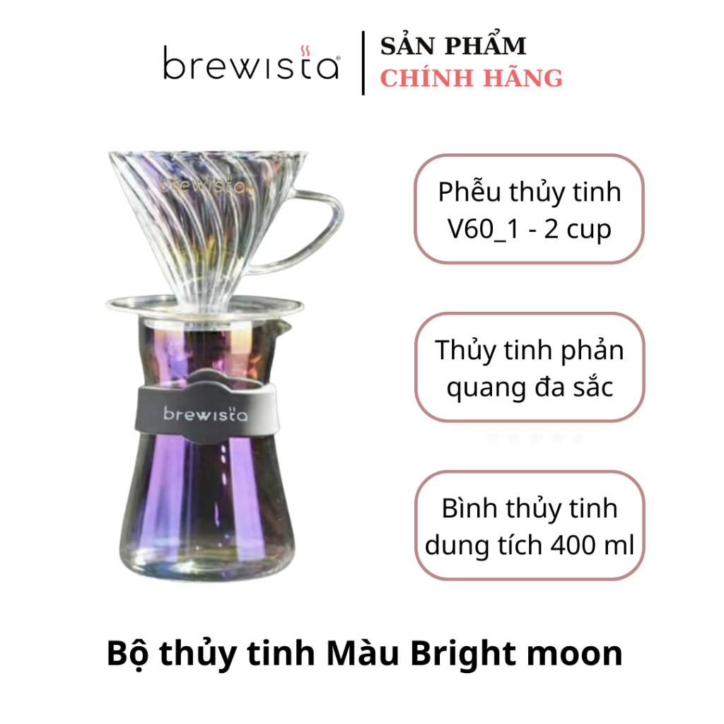 Bộ phễu V60 pha cà phê pour over thủy tinh Brewista Tornado Dripper & Server - Bright Moon