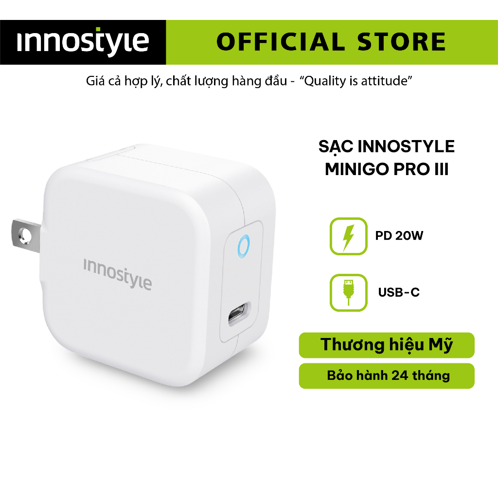 Củ Sạc Nhanh INNOSTYLE USB-C 20W Thiết Kế Nhỏ Gọn Hiện Đại Có Đèn Led Báo Vị Trí Sạc Trong Đêm Tương Thích Với nhiều Thi