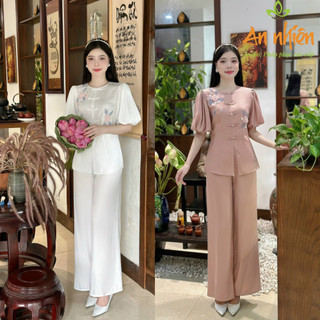 Bộ đồ đi lễ chùa, bộ lam đi chùa tơ cao cấp đính hoa - AN04