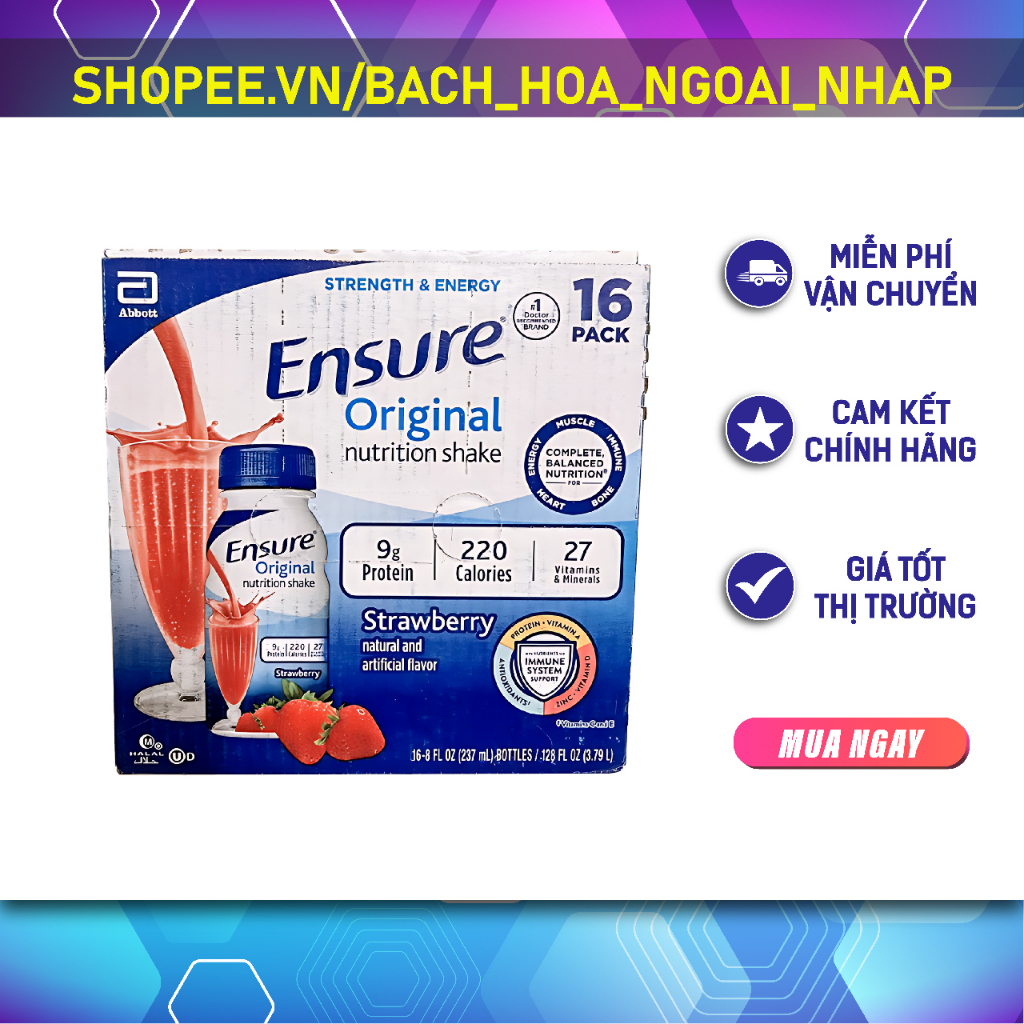 [DATE 03/2024] Sữa Ensure nước hương Dâu Ensure Original Strawberry 237ml Thùng 16 chai