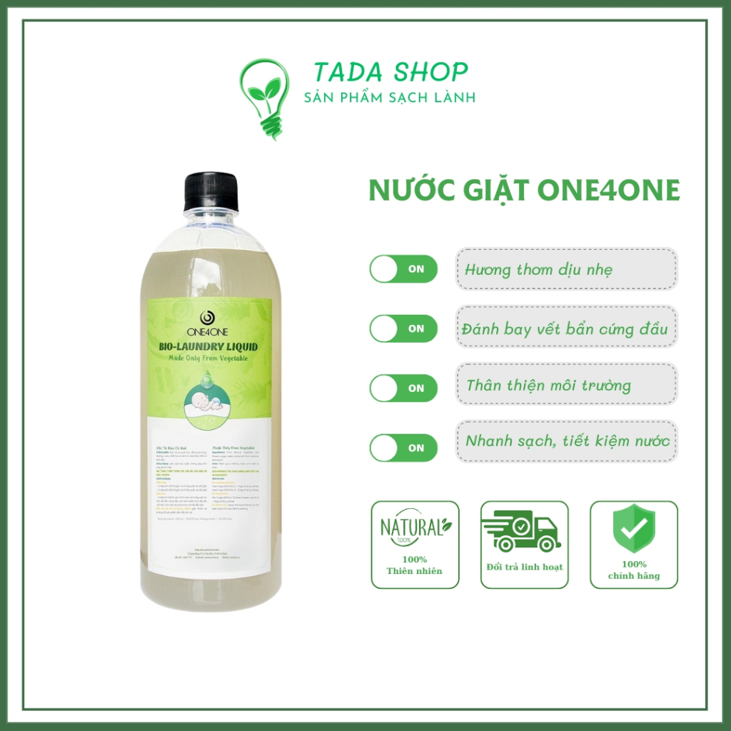 Nước giặt sinh học One4one chai 1l, Nước giặt lên men từ rau củ quả, làm sạch an toàn